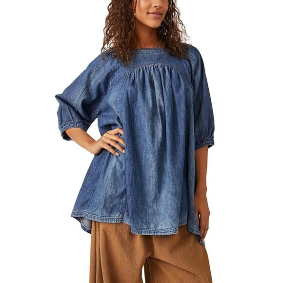 Free People Memories of You Chambray Tunic Top Indigo Boho Size XS - Picture 2 of 9